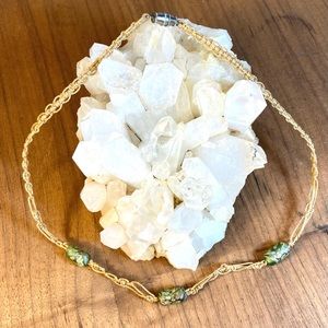 Vintage 1990s Green Glass Bead Jute Choker Hippie Necklace